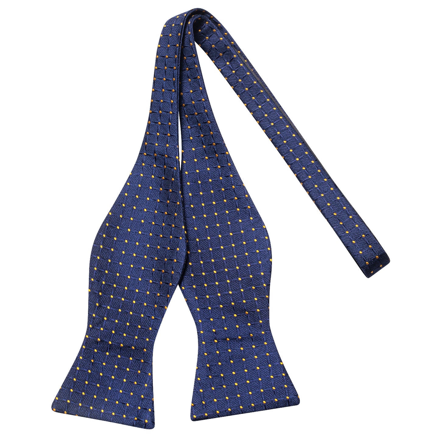Dark Blue with Gold Circles Bowtie, Pocket Square and Cufflinks
