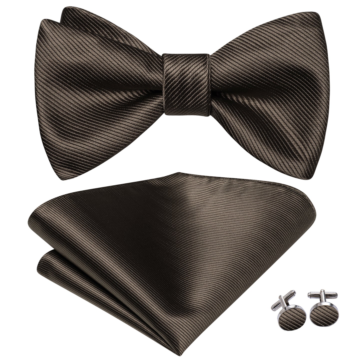 Solid Brown Bowtie, Pocket Square and Cufflinks