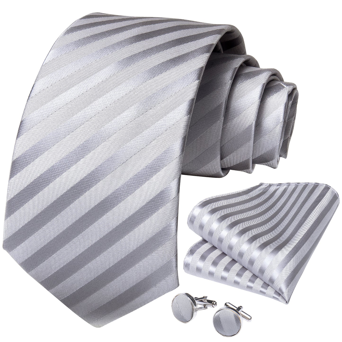 Silver Striped Necktie, Pocket Square and Cufflinks
