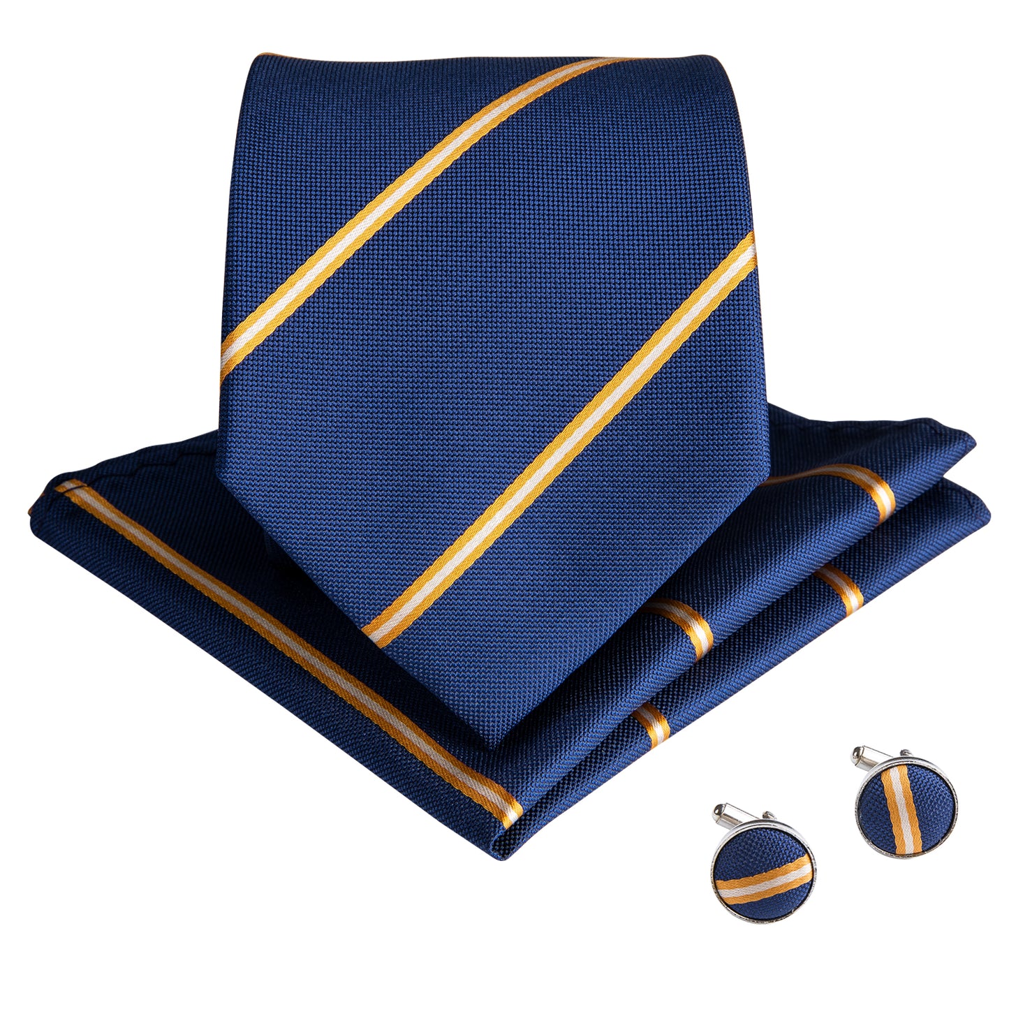 Blue and Orange Striped Necktie, Pocket Square and Cufflinks