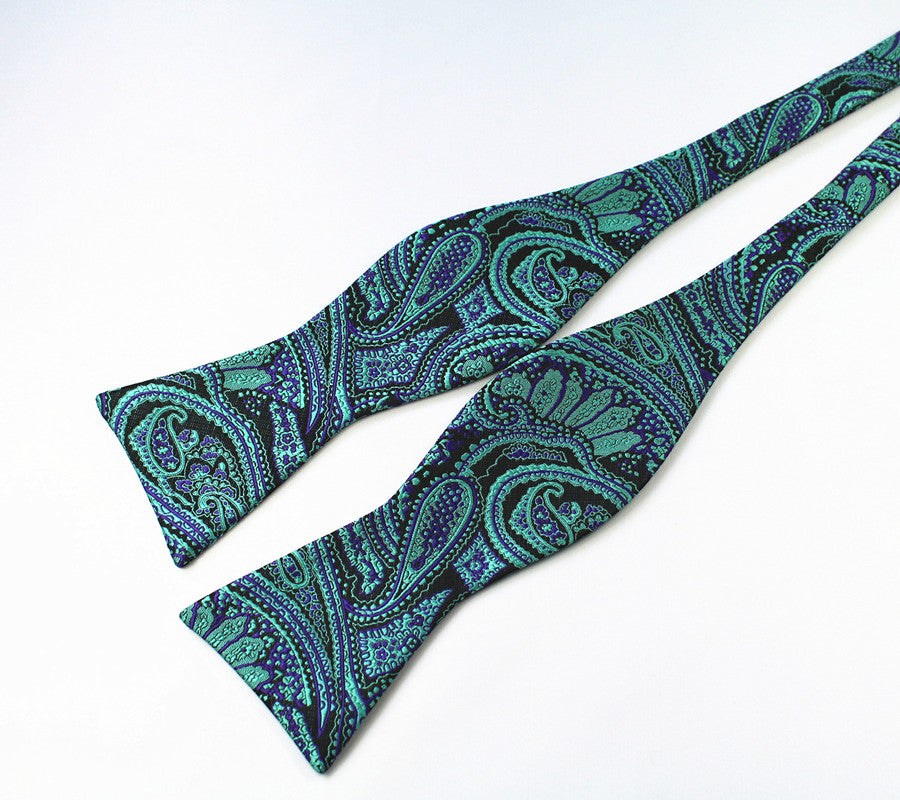 Teal Black and Purple Paisley Bow Tie with Pocket Square