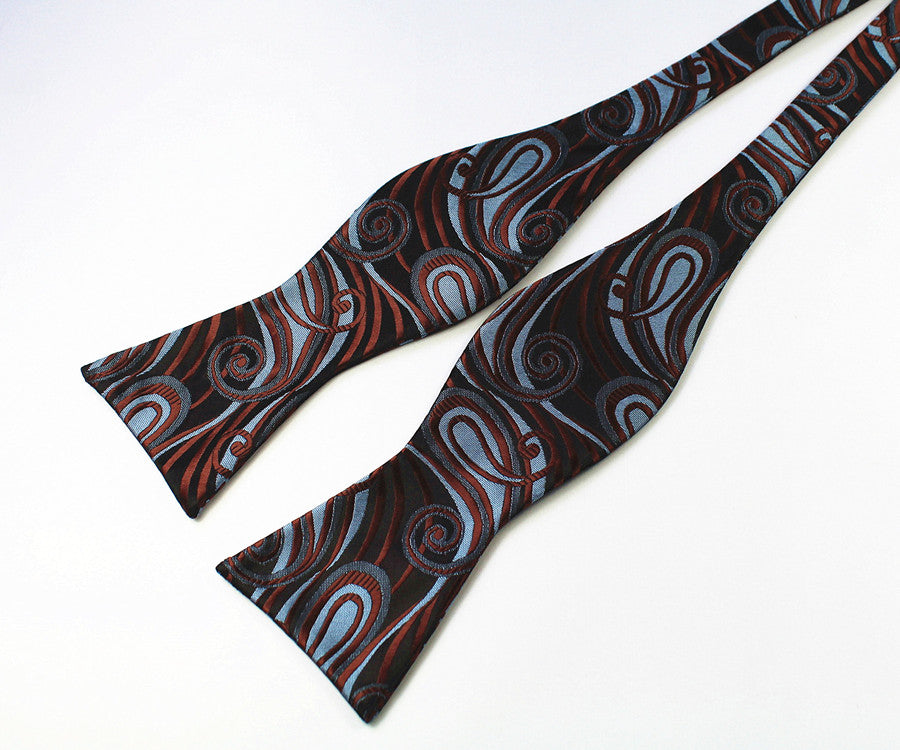Brown and Blue Paisley Swirl Silk Bow Tie