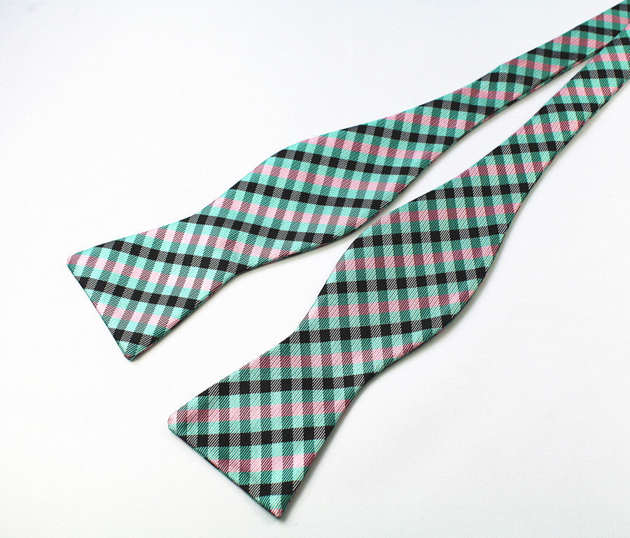Teal, Pink and Black Striped Bow Tie with Pocket Square