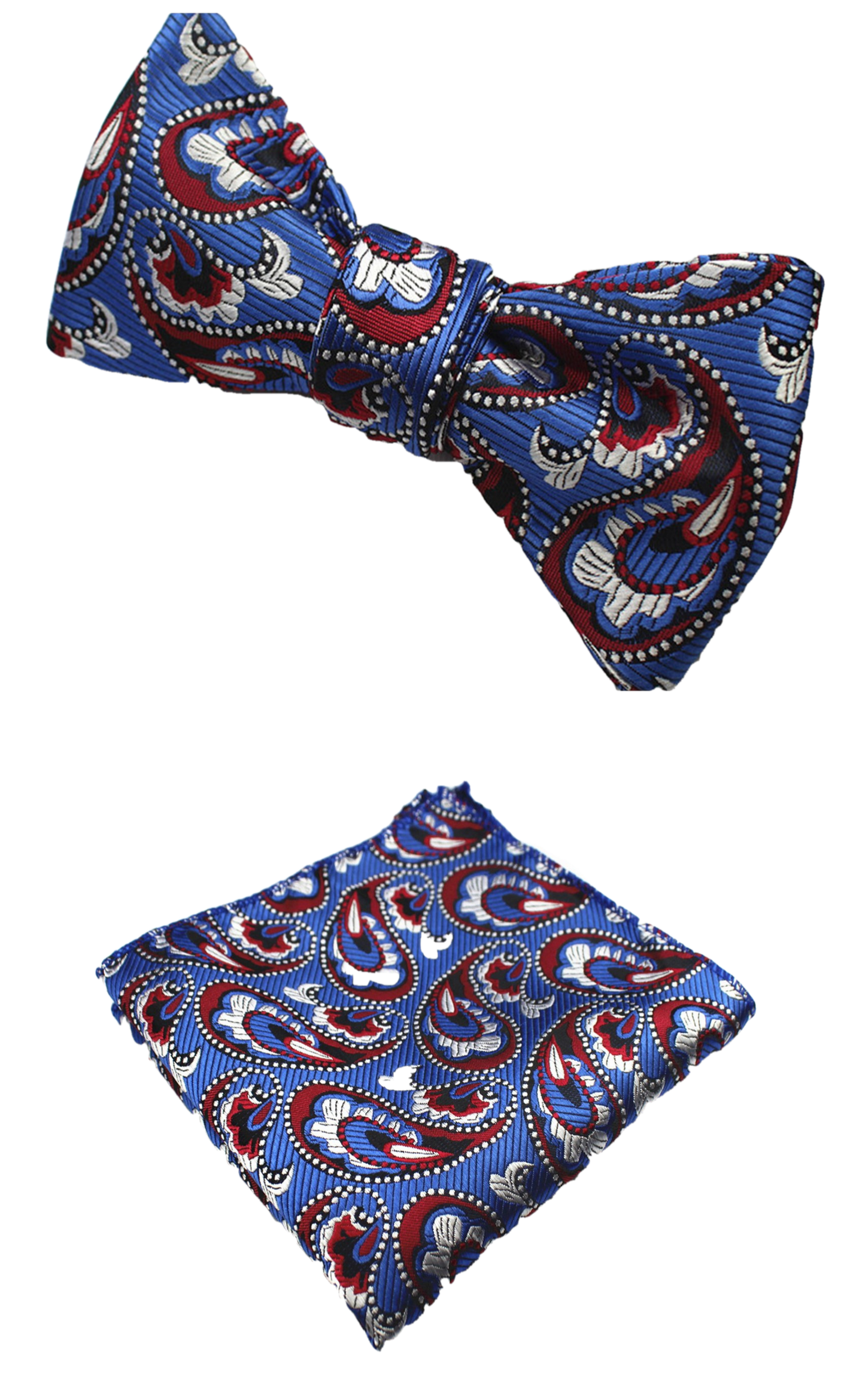 Royal Blue and Red Paisley Bow Tie with Pocket Square