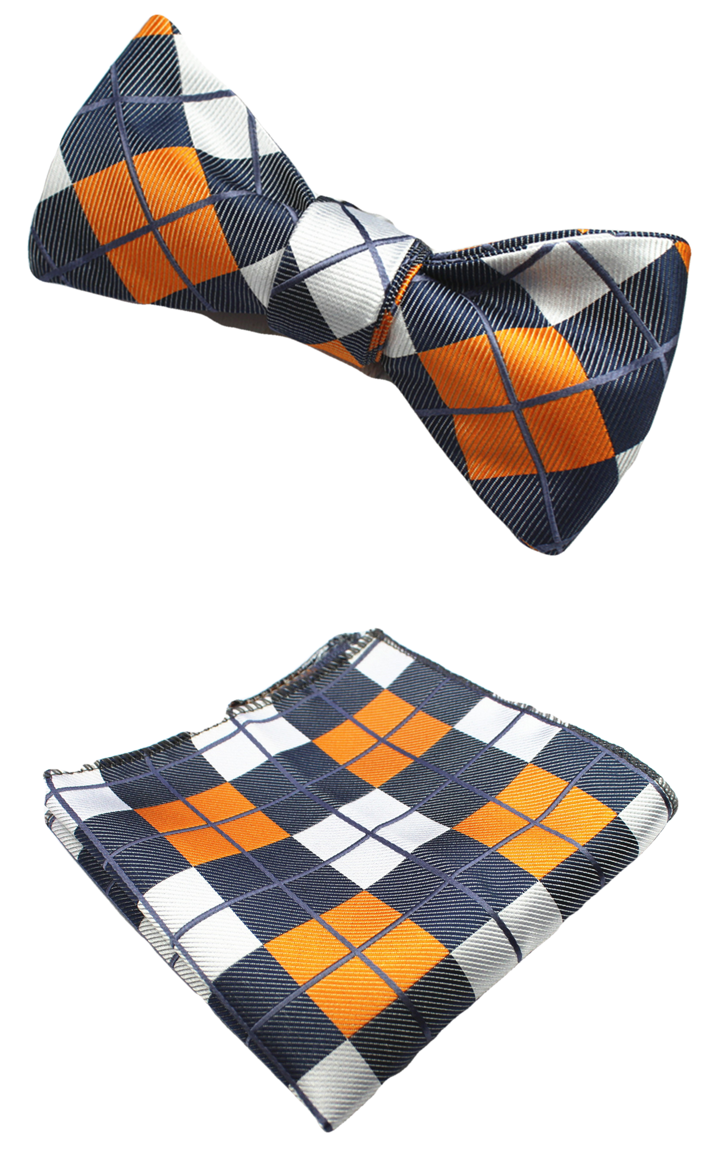 Grey White and Orange Silk Bow Tie with Pocket Square