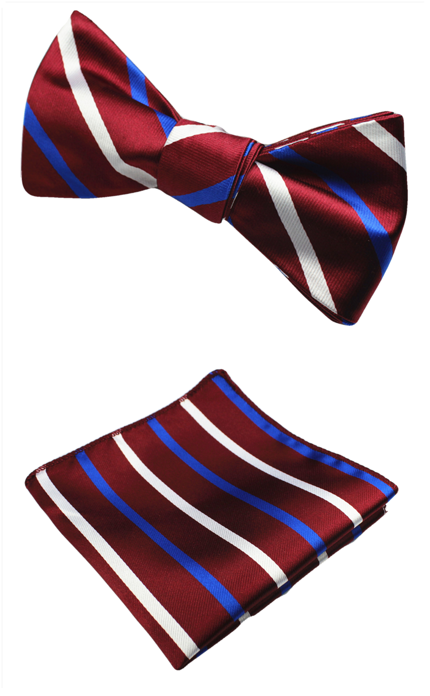 Burgundy Whit and Blue Striped Bow Tie with Pocket Square