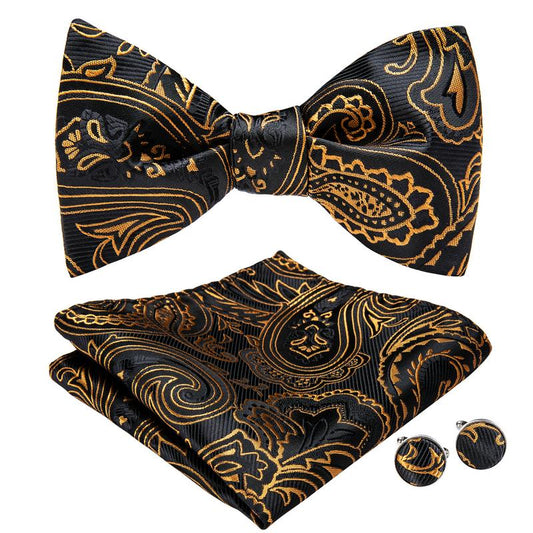 Black and Gold Paisley Bowtie, Pocket Square and Cufflinks