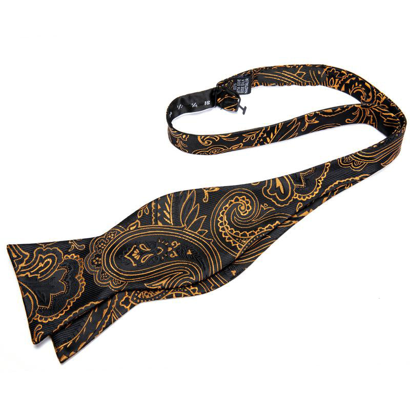 Black and Gold Paisley Bowtie, Pocket Square and Cufflinks