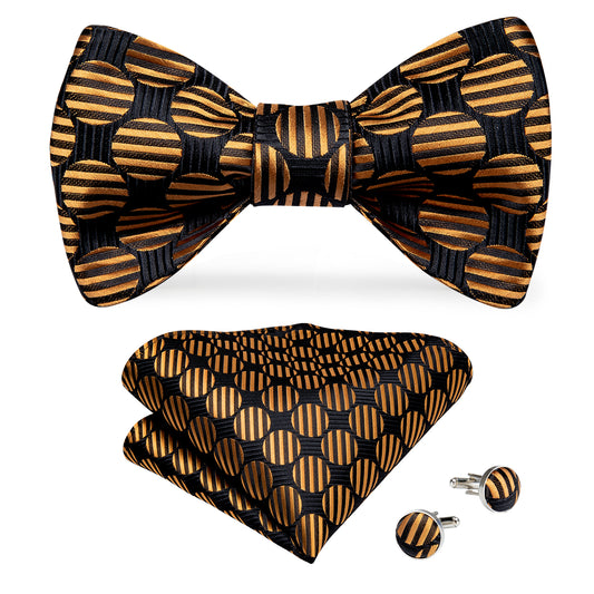 Black and Gold Circle Bowtie, Pocket Square and Cufflinks