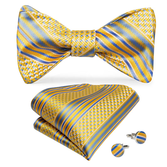 Yellow, Gold and Blue Pattern Bowtie, Pocket Square and Cufflinks