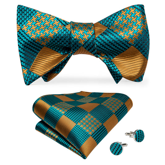 Teal and Gold Pattern Bowtie, Pocket Square and Cufflinks