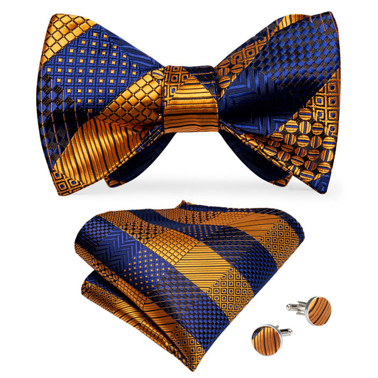 Royal Blue and Gold Pattern Bowtie, Pocket Square and Cufflinks