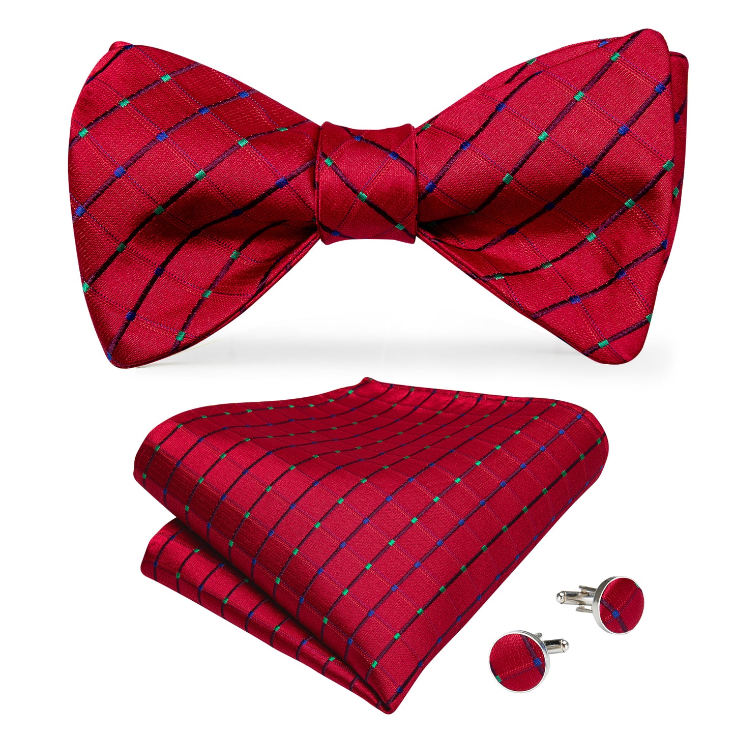 Red and Blue Stripe Bowtie, Pocket Square and Cufflinks