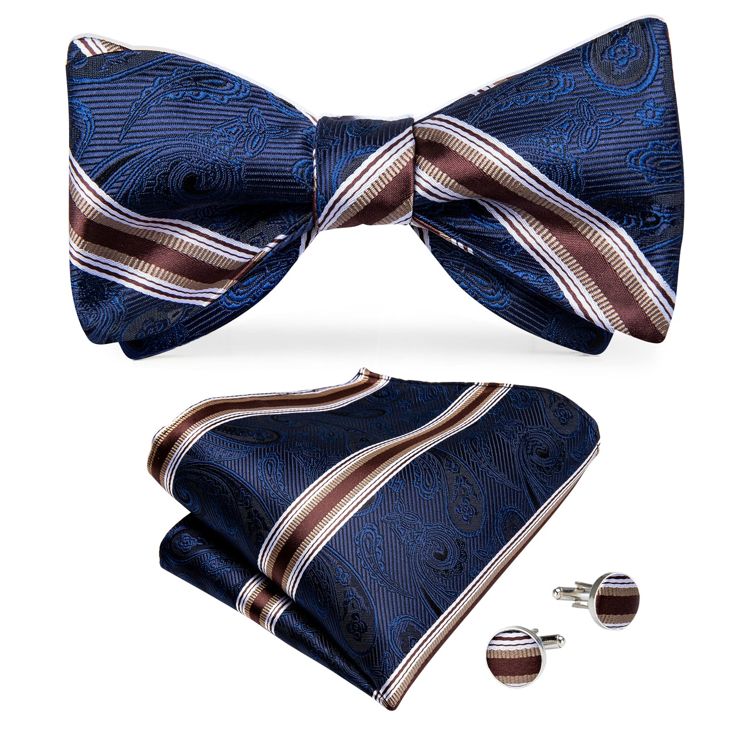 Dark Blue Paisley and Gold Stripe Bowtie, Pocket Square and Cufflinks