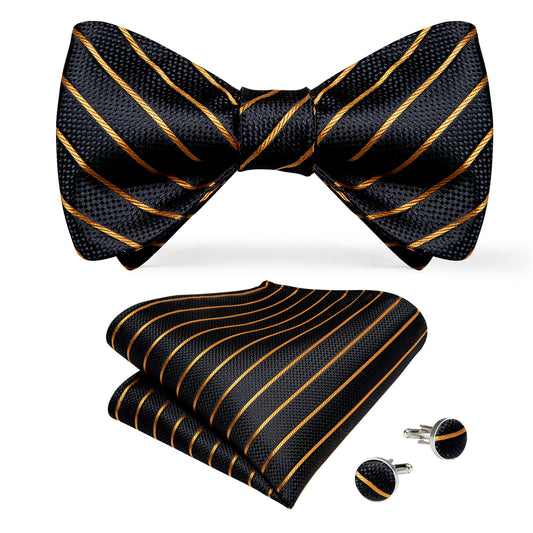 Black, Gold Stripe Bowtie, Pocket Square and Cufflinks