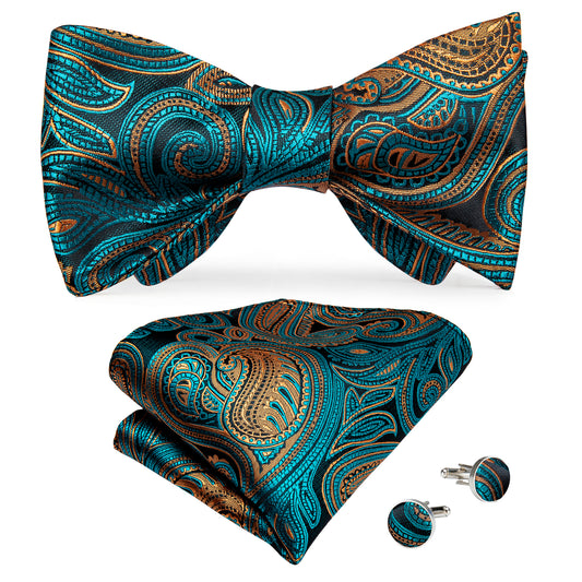 Teal, Black and Gold Pattern Bowtie, Pocket Square and Cufflinks