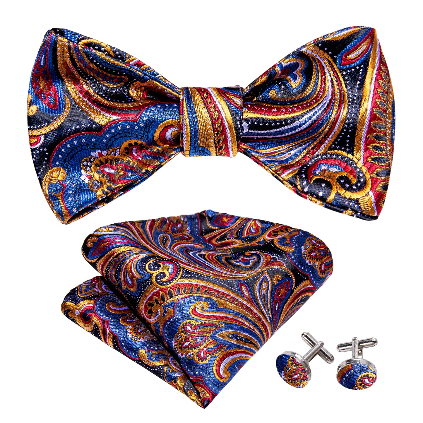 Multi Color Paisley Bowtie, Pocket Square and Cufflinks