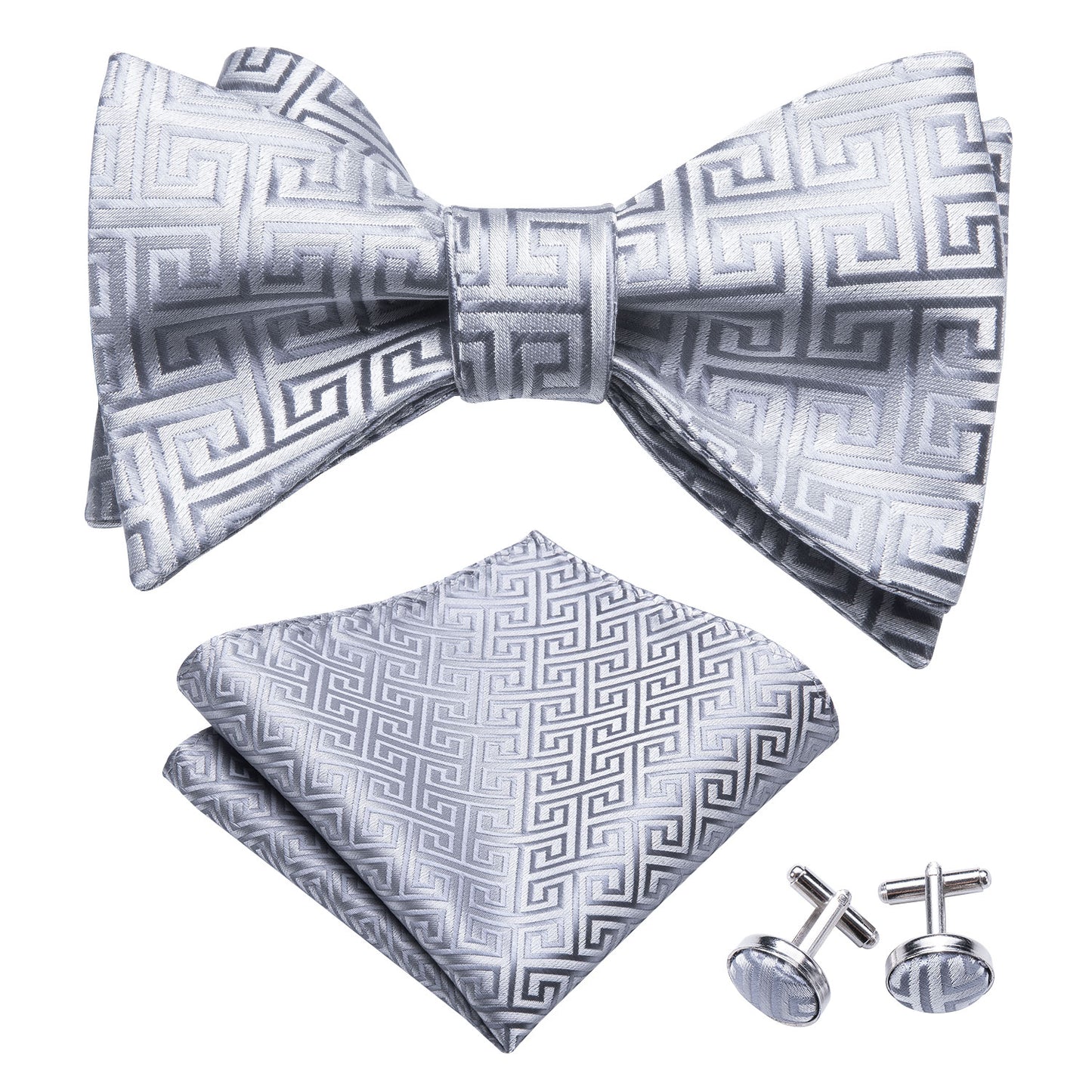 Silver Pattern Bowtie, Pocket Square and Cufflinks