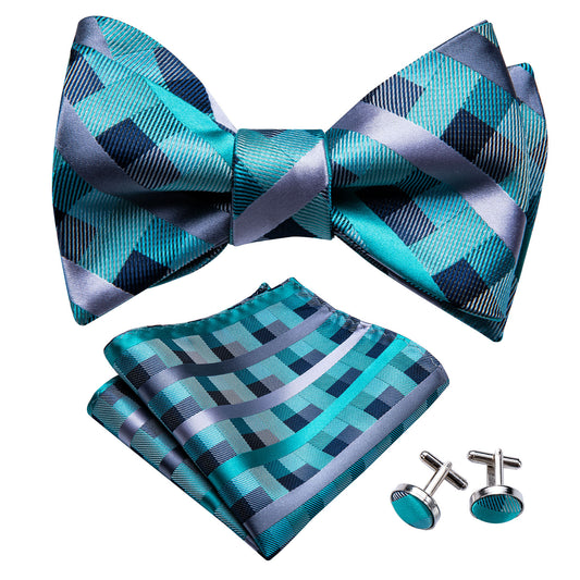 Teal and Black Pattern Bowtie, Pocket Square and Cufflinks