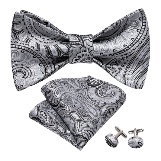 Silver Paisley Bowtie, Pocket Square and Cufflinks