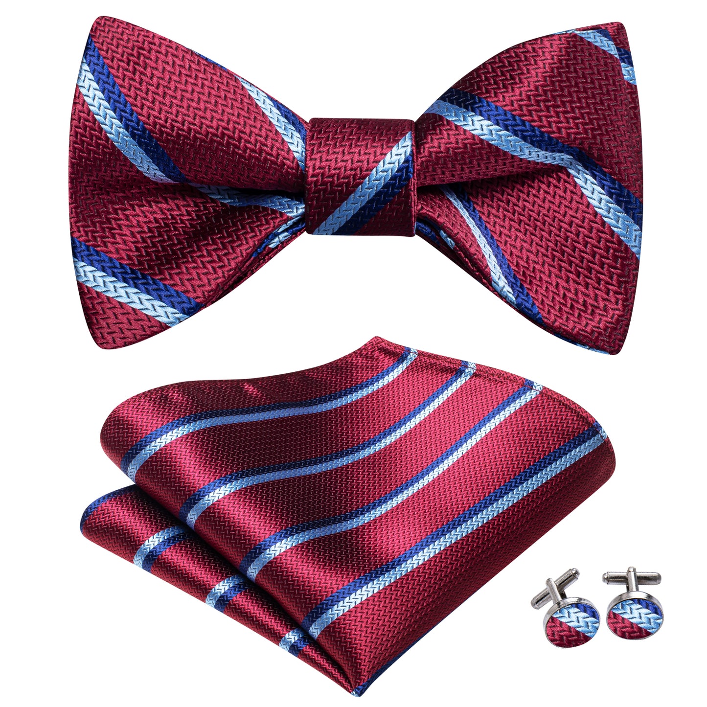 Red, Blue Striped Bowtie, Pocket Square and Cufflinks