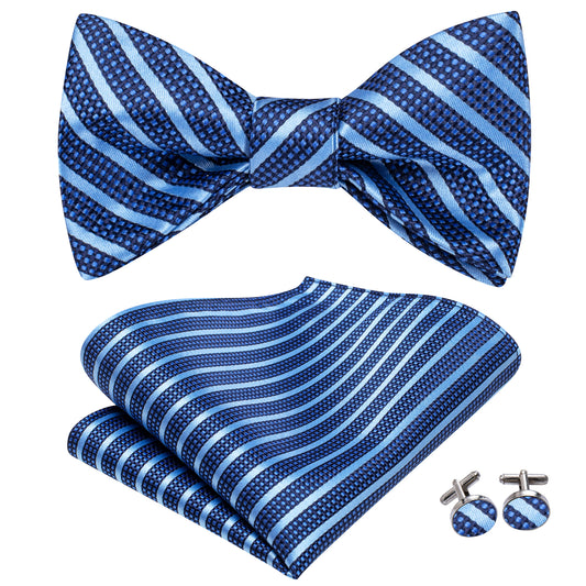 Blue and Light Blue Stripe Bowtie, Pocket Square and Cufflinks