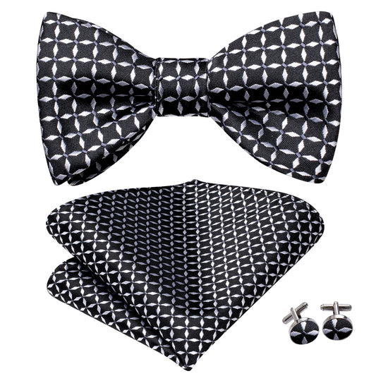 Black and Silver Pattern Bowtie, Pocket Square and Cufflinks