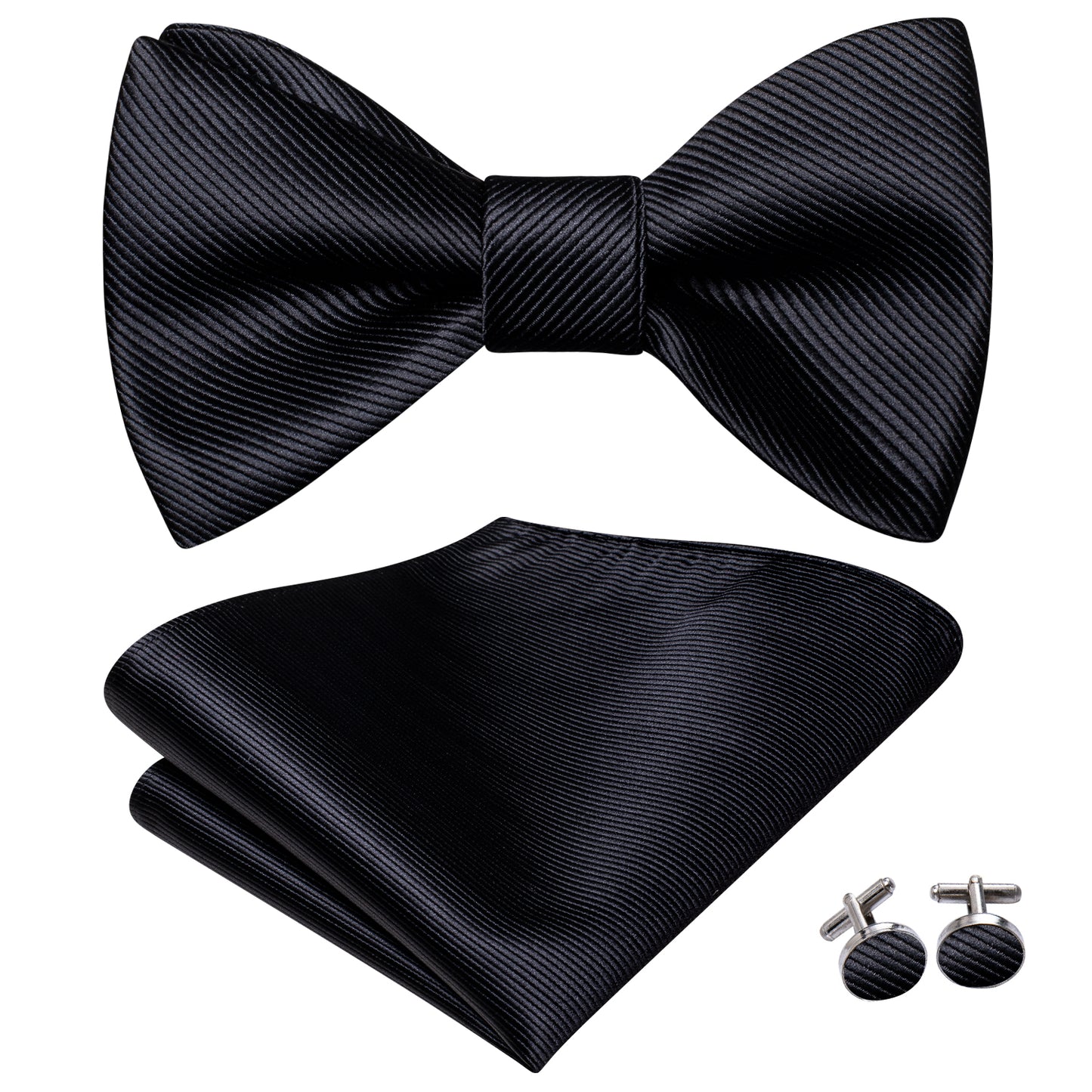 Solid Black Bowtie, Pocket Square and Cufflinks