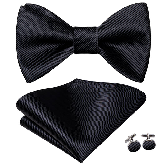 Solid Black Bowtie, Pocket Square and Cufflinks