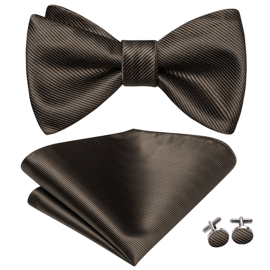 Solid Brown Bowtie, Pocket Square and Cufflinks