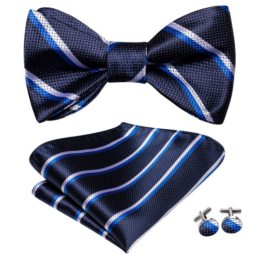 Dark Blue Stripe Bowtie, Pocket Square and Cufflinks