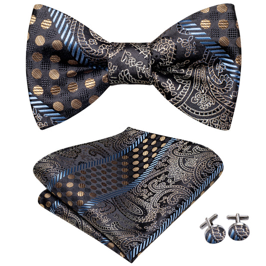 Black, Gold and Blue Circle and Paisley  Bowtie, Pocket Square and Cufflinks