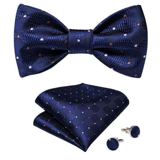 Blue with Gold and White Circles Bowtie, Pocket Square and Cufflinks