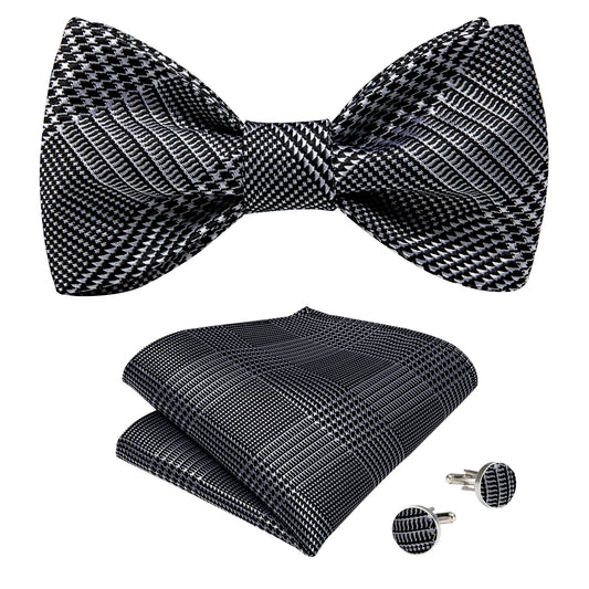 Black and White Pattern Bowtie, Pocket Square and Cufflinks