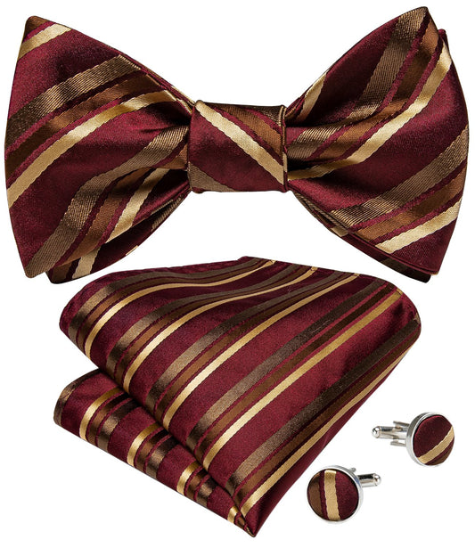 Burgundy with Gold Stipe Bowtie, Pocket Square and Cufflinks