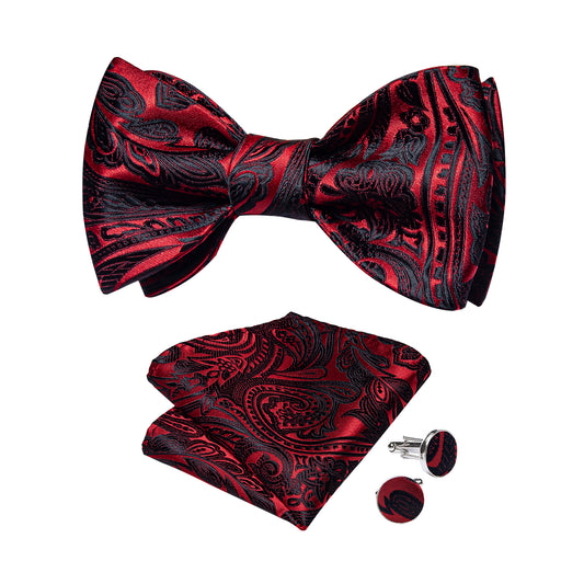 Red and Black Paisley Bowtie, Pocket Square and Cufflinks