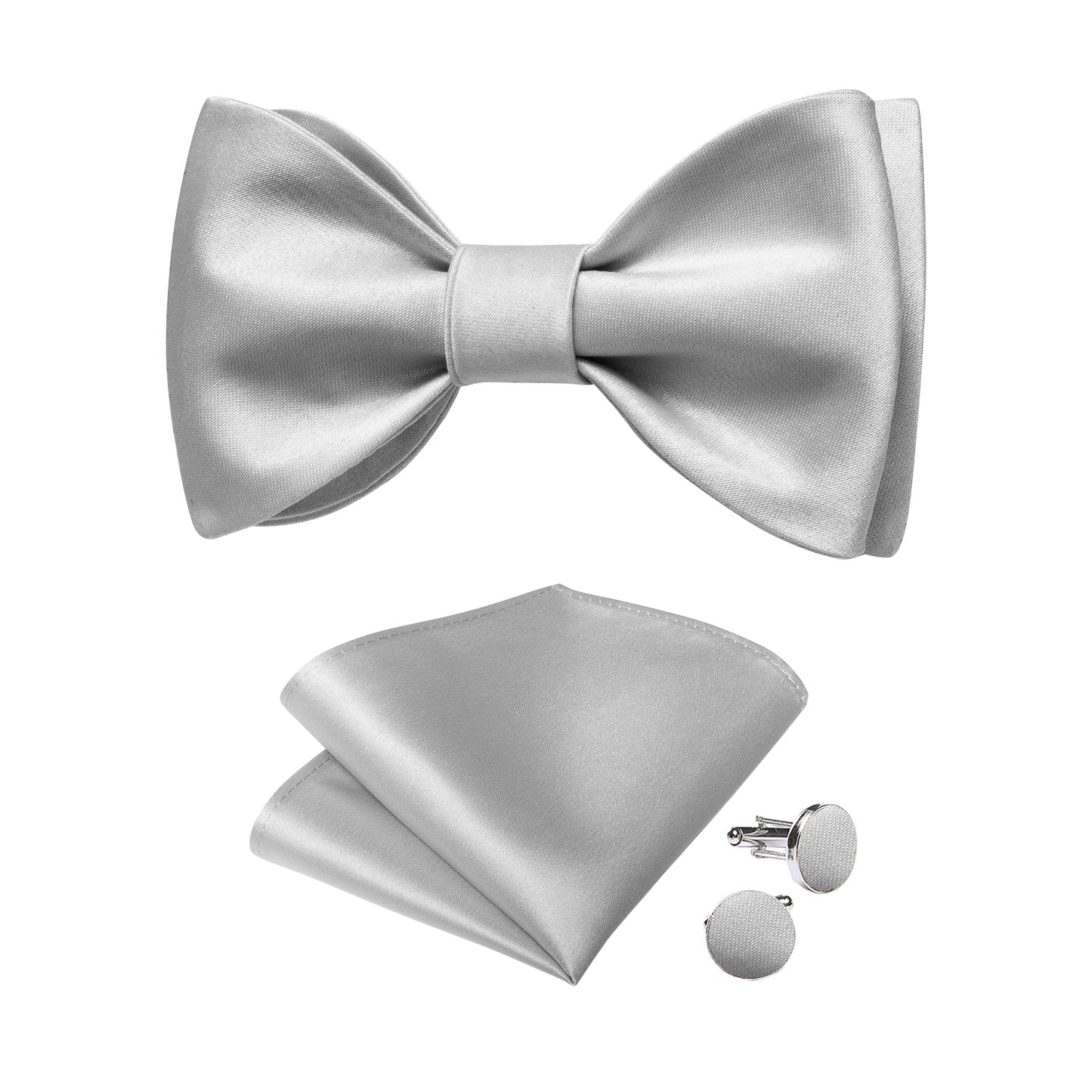 Solid Sliver Bowtie, Pocket Square and Cufflinks