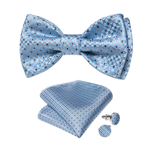 Light Blue and Silver  Bowtie, Pocket Square and Cufflinks