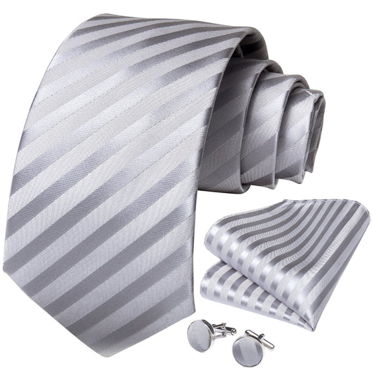 Silver Stripe Necktie Pocket Square Cufflinks Set
