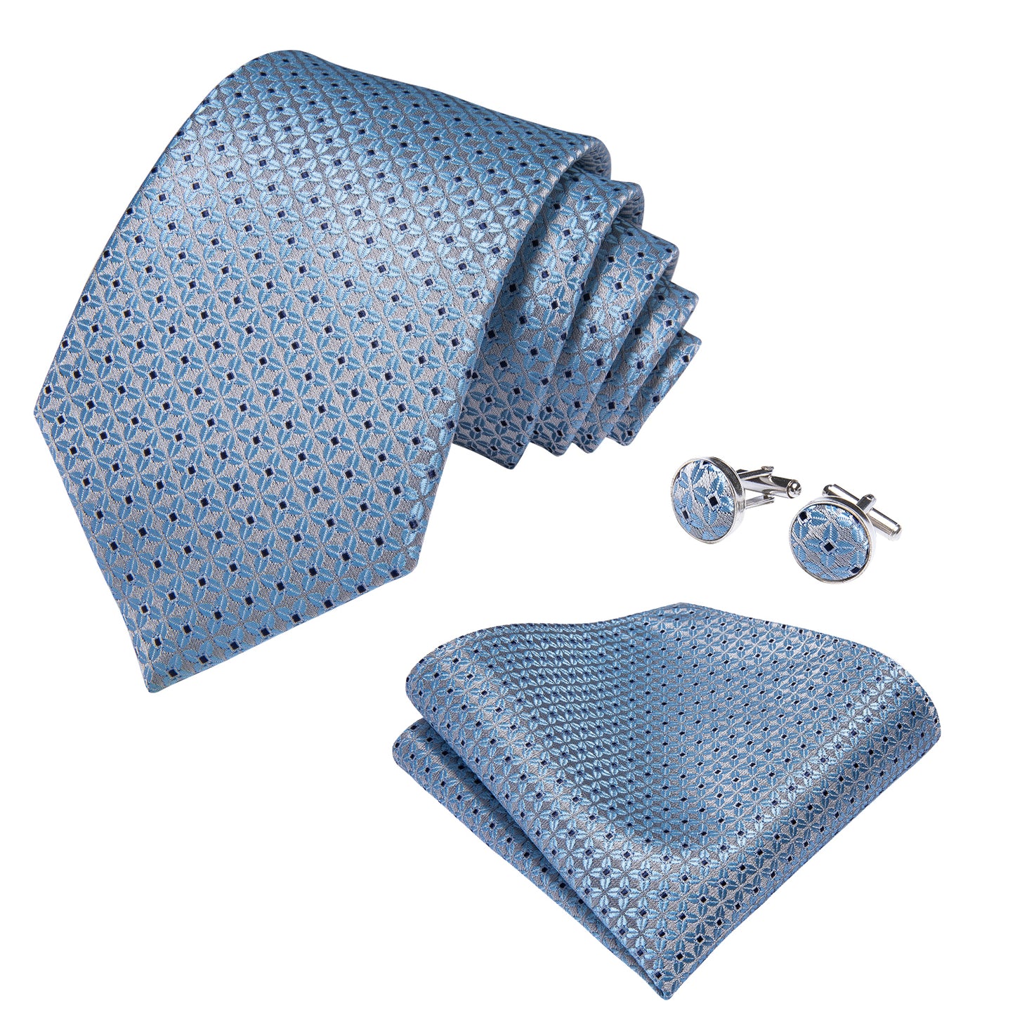 Blue and Silver Diamond Necktie, Pocket Square and Cufflinks