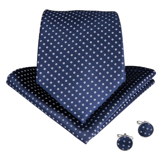 Dark Blue with White Circles Necktie, Pocket Square and Cufflinks