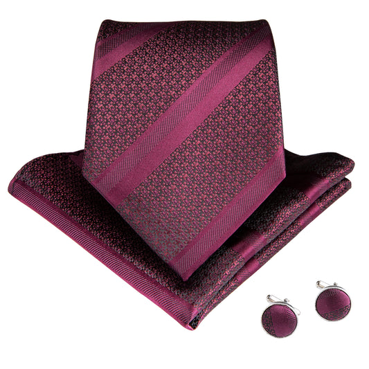 Burgundy Striped Necktie, Pocket Square and Cufflinks