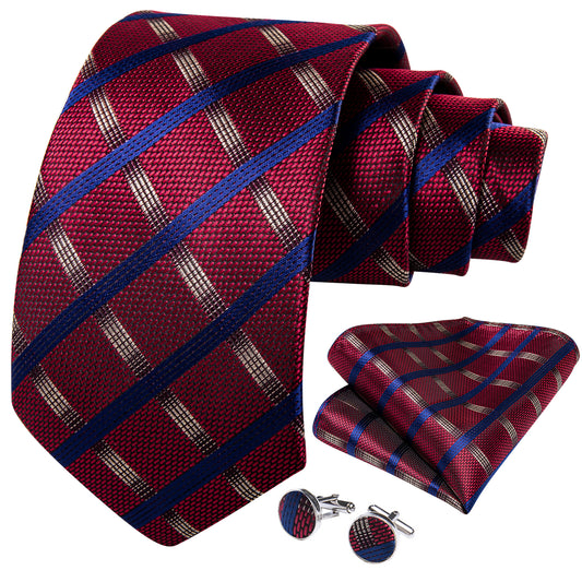 Red Blue and Silver Necktie, Pocket Square and Cufflinks