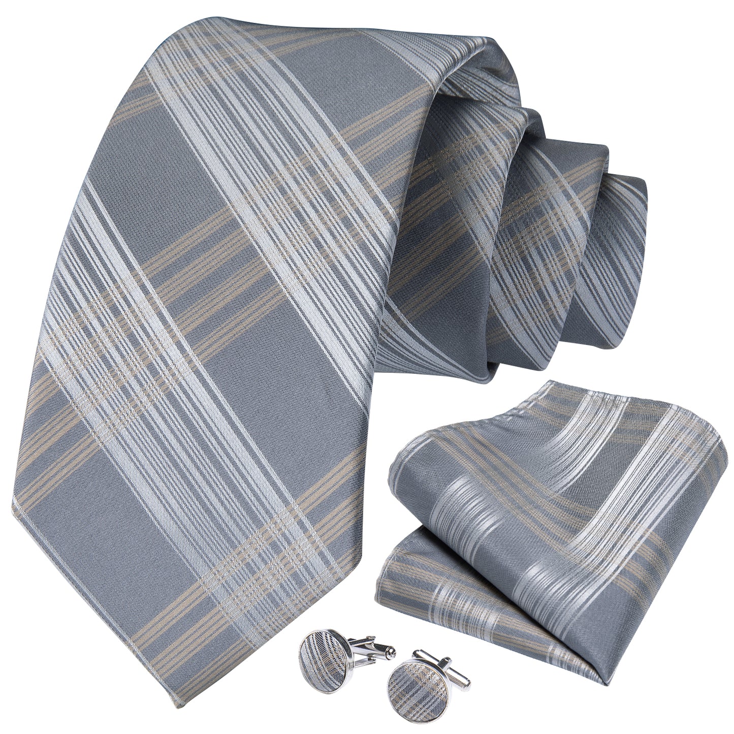 Silver and Gold Striped Necktie, Pocket Square and Cufflinks