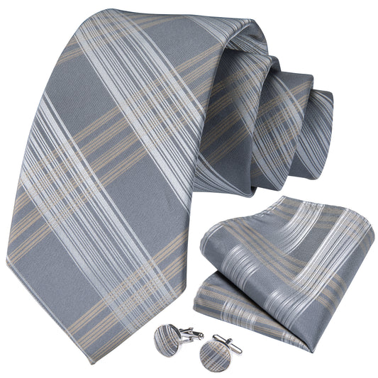 Silver and Gold Striped Necktie, Pocket Square and Cufflinks