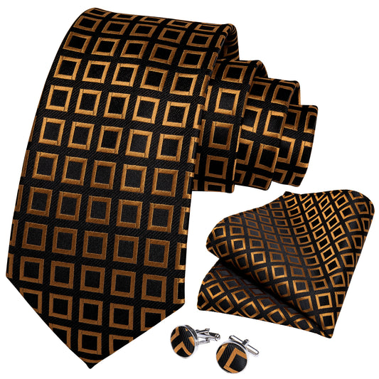 Black and Gold Squares Necktie, Pocket Square and Cufflinks