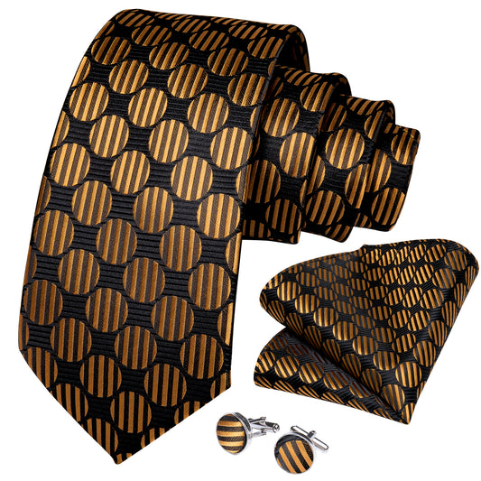 Black and Gold Circles Necktie, Pocket Square and Cufflinks