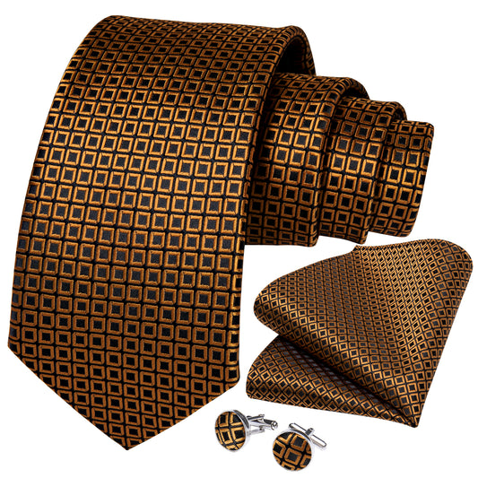 Gold and Black Small Squares Necktie, Pocket Square and Cufflinks