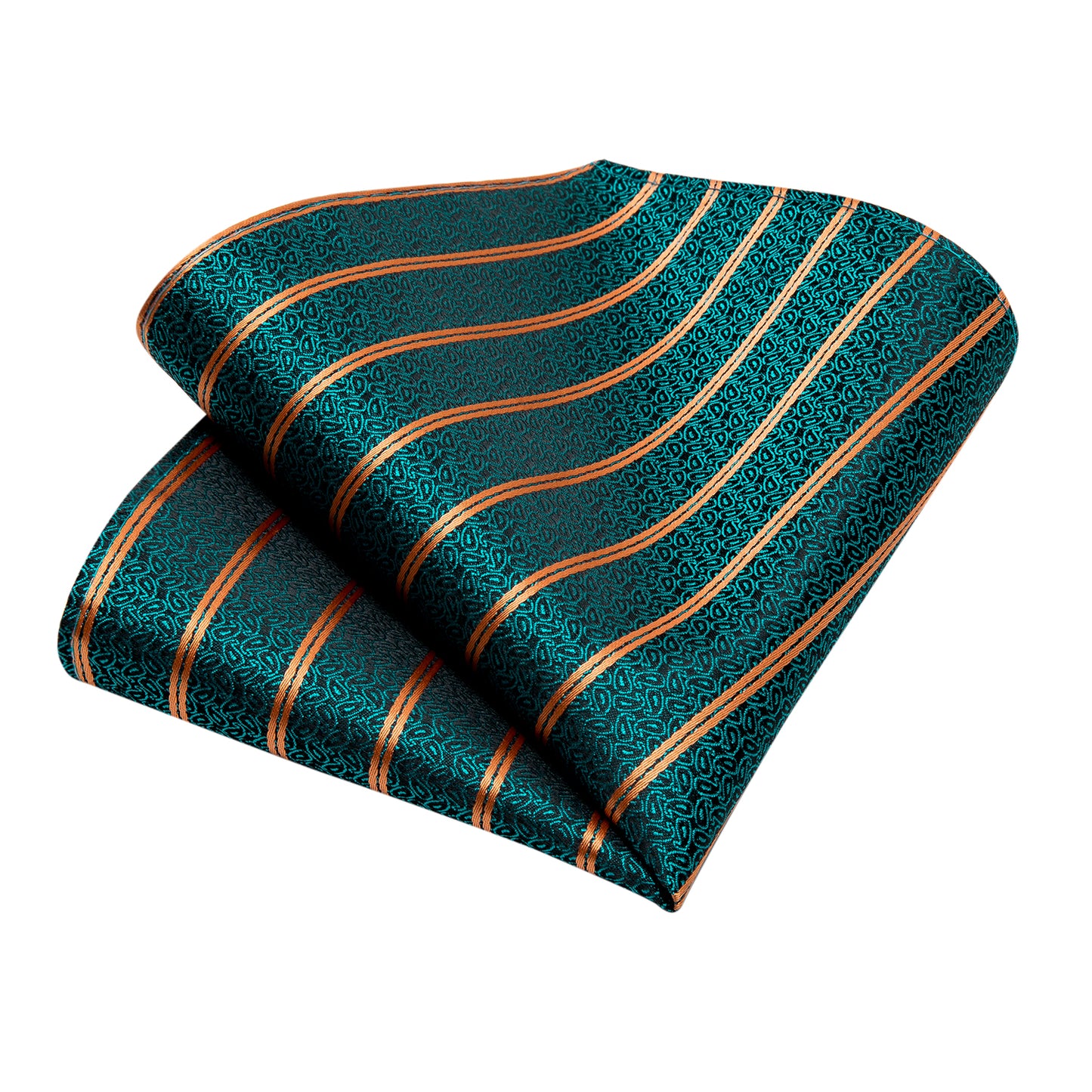 Green and Gold Striped Necktie, Pocket Square and Cufflinks