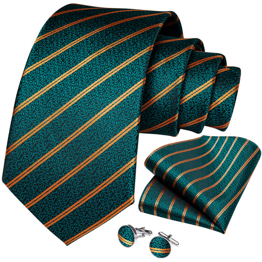 Green and Gold Striped Necktie, Pocket Square and Cufflinks